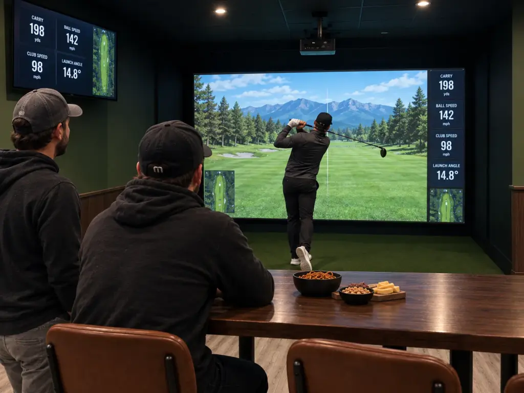 Guys playing golf at simulator